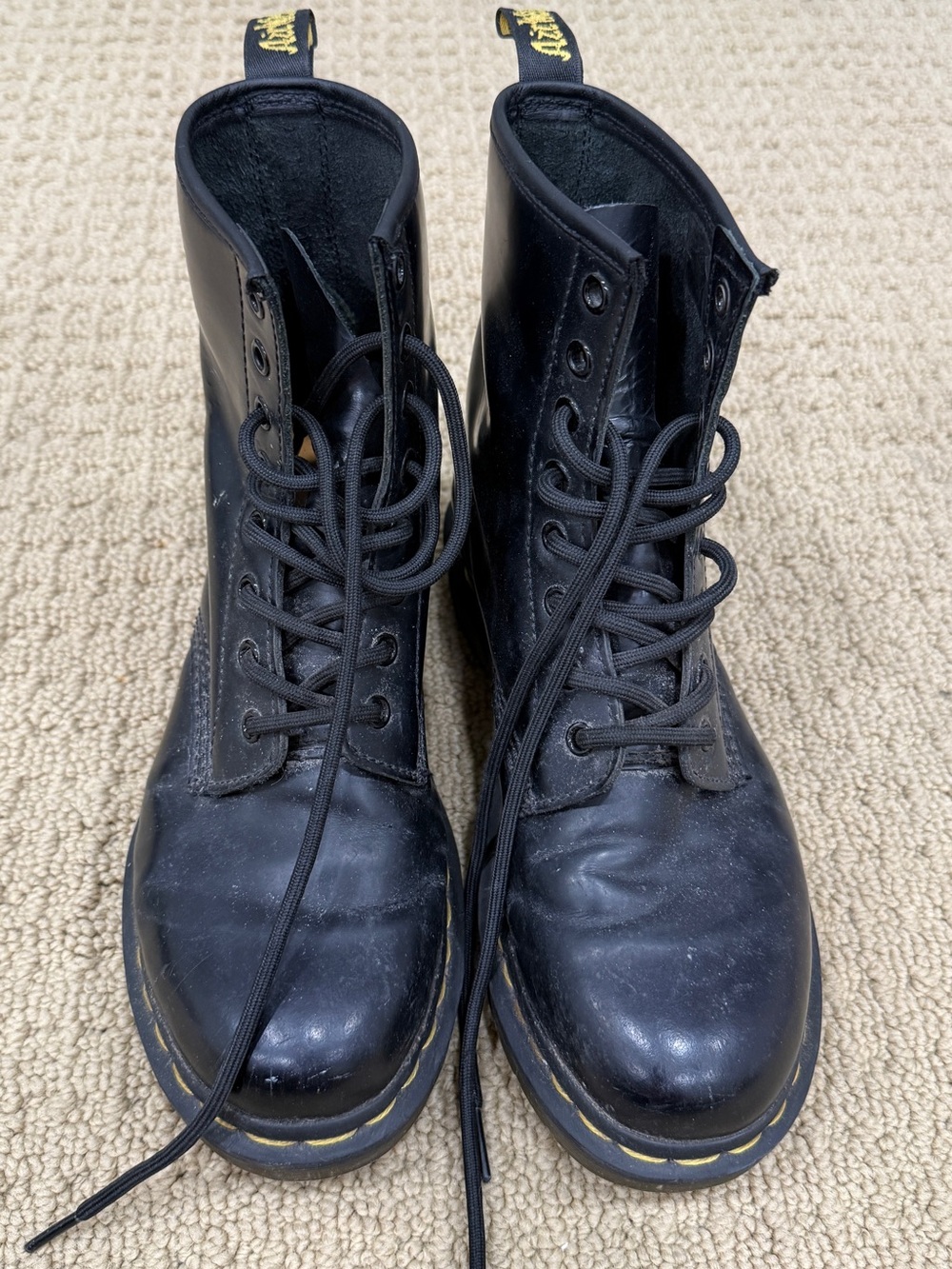 Dr. Martens Black Leather Lace-Up Combat Boots with Yellow Stitching